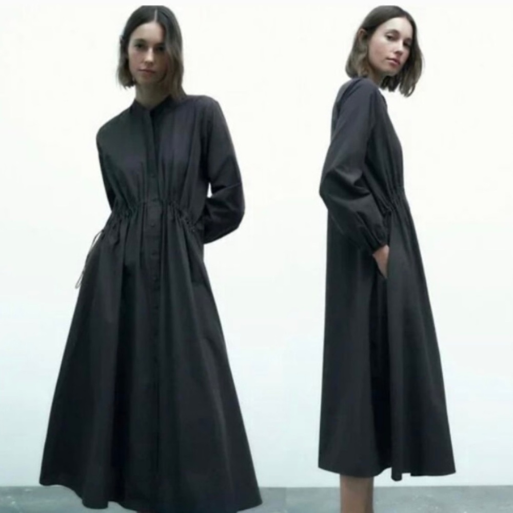 Zara Long Button Down Cinch Front Gray Cotton Dre… - image 1